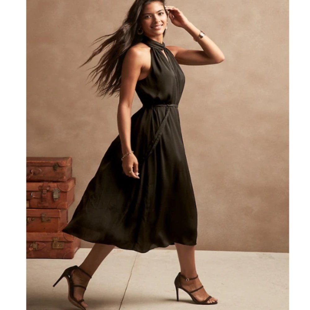NWT BRF Twist-Neck Satin Midi Sleeveless Dress L 12/14 Black F722